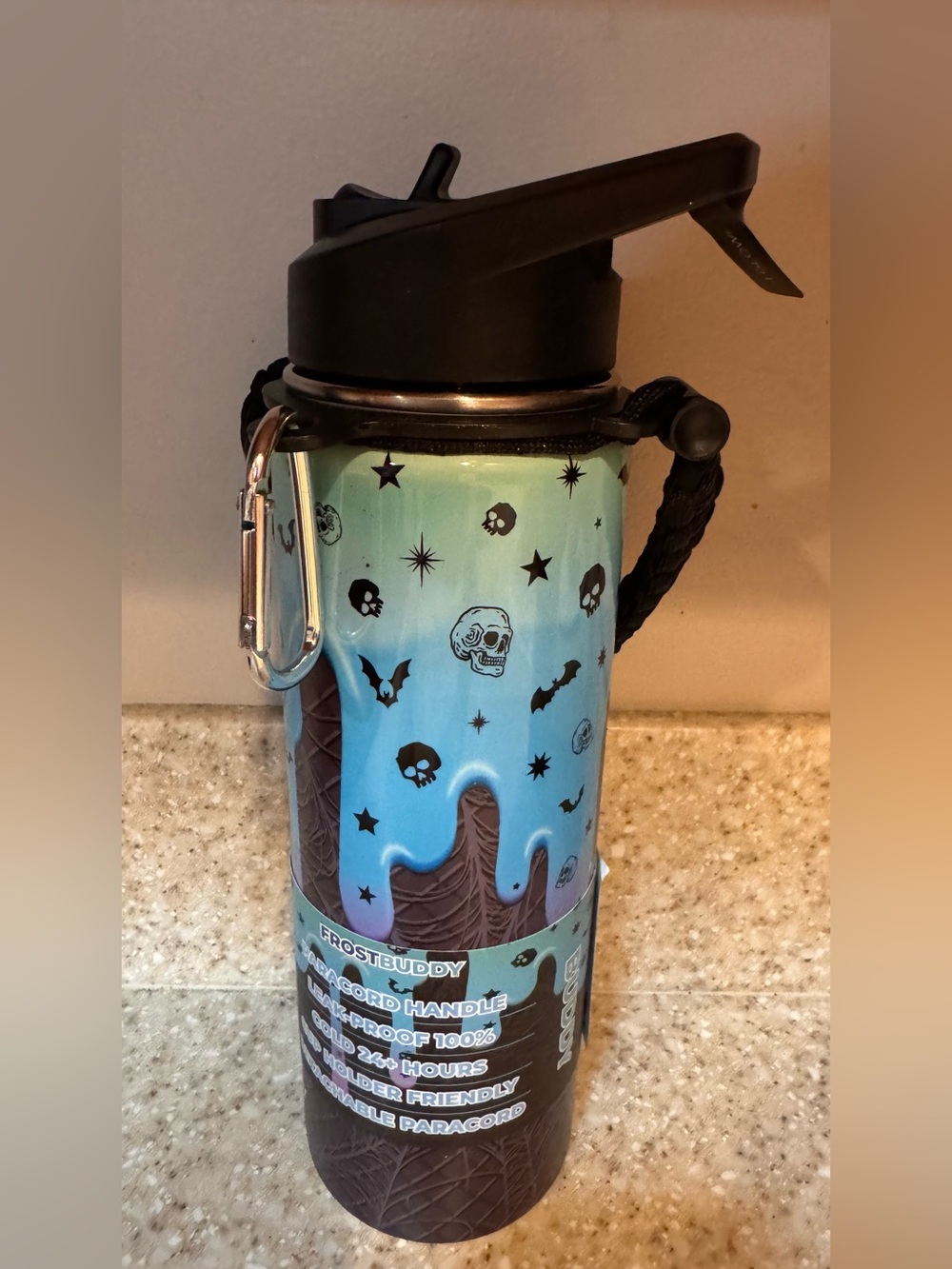 Viral Blue Frost Buddy Glow in the Dark Skull & Bat Insulated Water Bottle 24 Oz